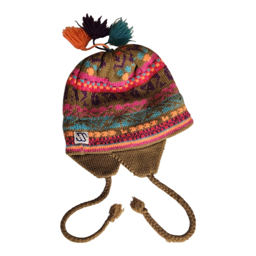 Murray Merkley Handmade‎ Knit Chullo Earflap Hat Fair Isle Pom Pom Brown Pink
